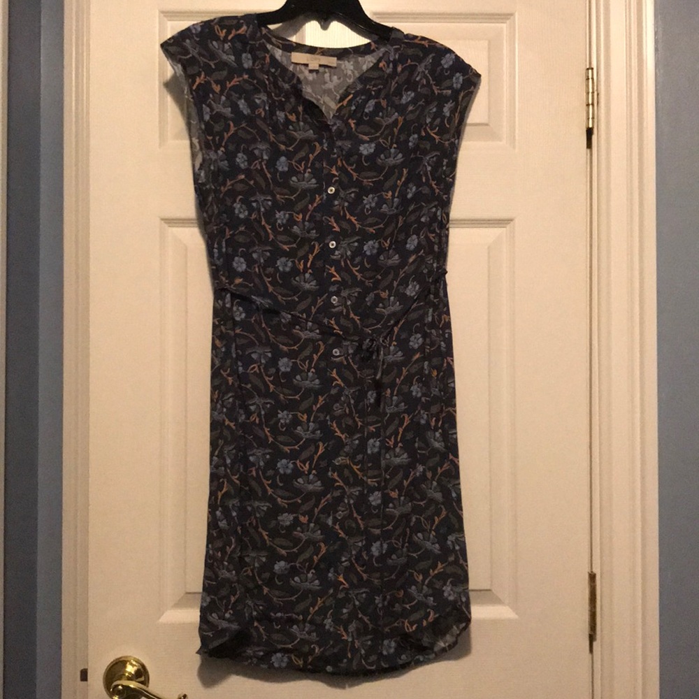 LOFT Navy Floral Print Cap-Sleeve Shirt Dress